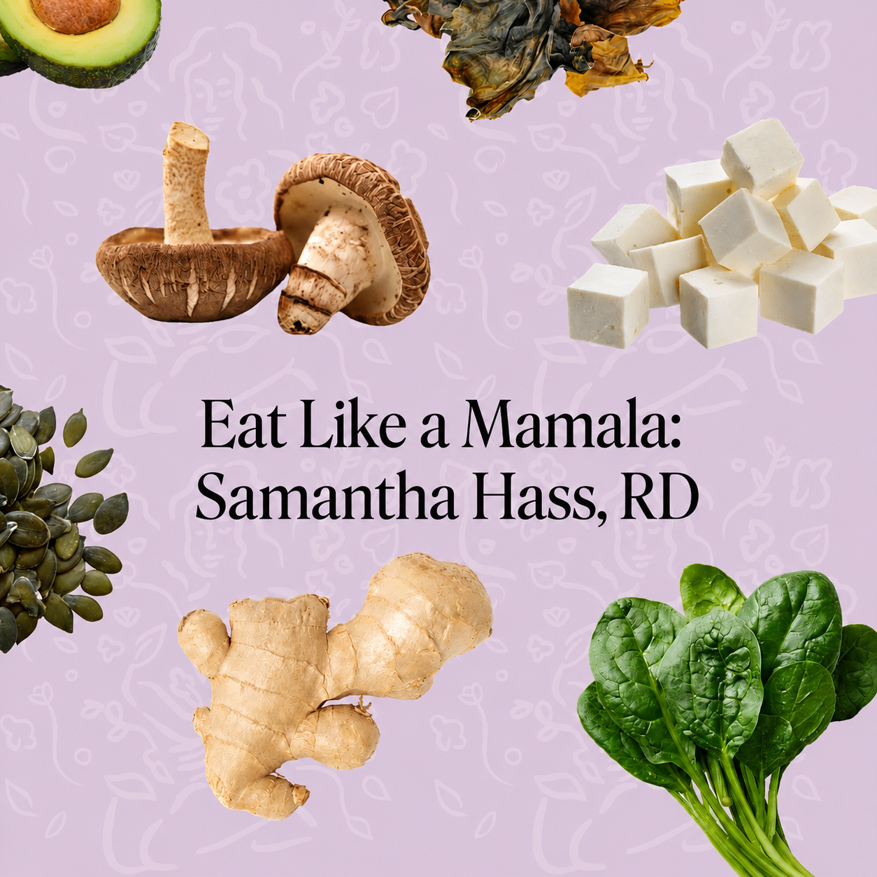 Warm kale salad with roasted sweet potato, quinoa, mushrooms, and pumpkin seeds in a ceramic bowl, dietitian-developed postpartum recipe by Samantha Hass, RD