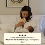 A calm mom in a robe holds her baby, sipping The Support Snack™ Six by Mamala Organics, review quote below.