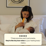 A calm mom in a robe holds her baby, sipping The Support Snack™ Six by Mamala Organics, review quote below.