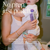 A woman holds a baby with a pouch; text promotes Mamamellow Support Snack™ by Mamala Organics for calm postpartum energy.
