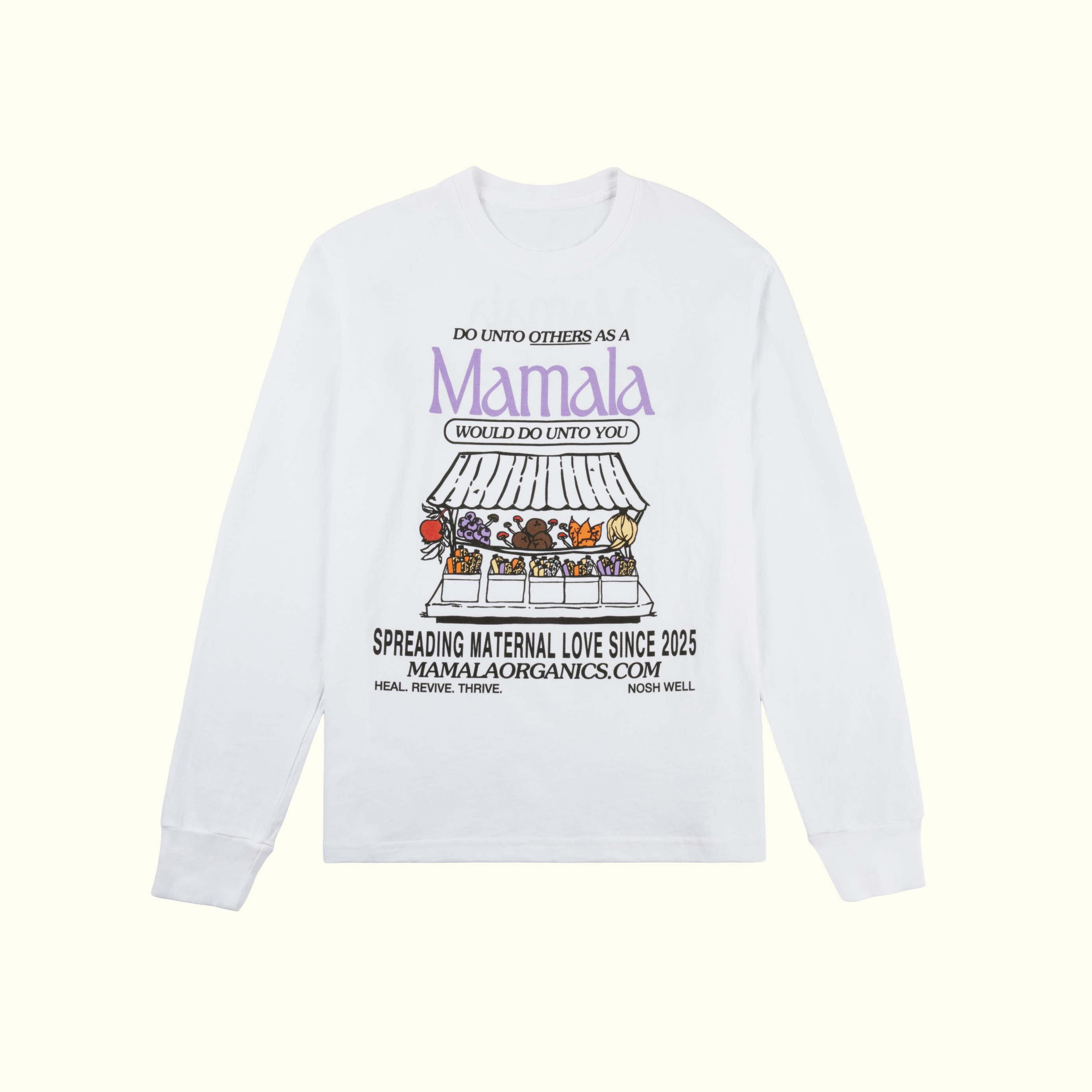 Mamala Organics Mamala Fruit Stand Long Sleeve: white cotton, unisex, flower stand graphic, made in Los Angeles.