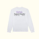 Mamala Organics Mamala Fruit Stand Long Sleeve: white unisex tee, made in LA, slogans & Support Snacks on back.