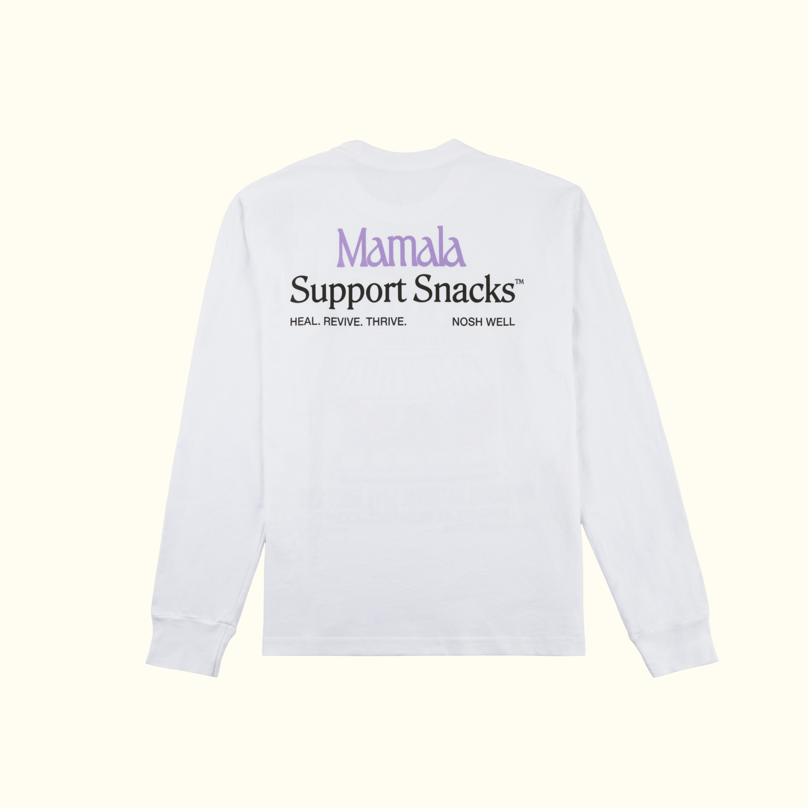 Mamala Organics Mamala Fruit Stand Long Sleeve: white unisex tee, made in LA, slogans & Support Snacks on back.