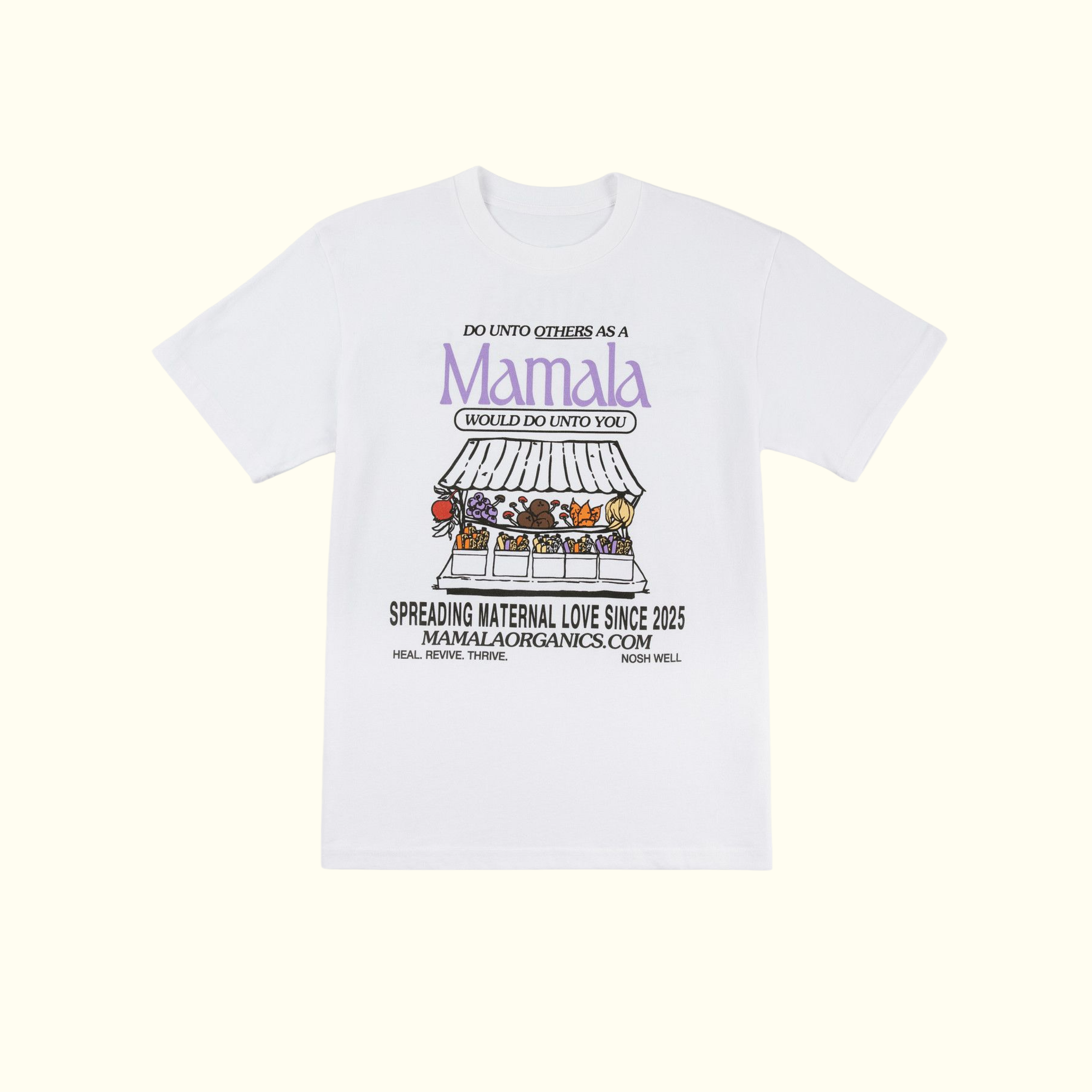 Mamala Organics Mamala Fruit Stand Tee—white cotton, unisex fit, market stall print; made in Los Angeles.