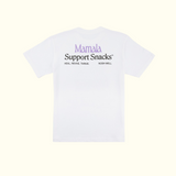 Made in LA, the Mamala Organics Fruit Stand Tee has purple and black Support Snacks text on the back.