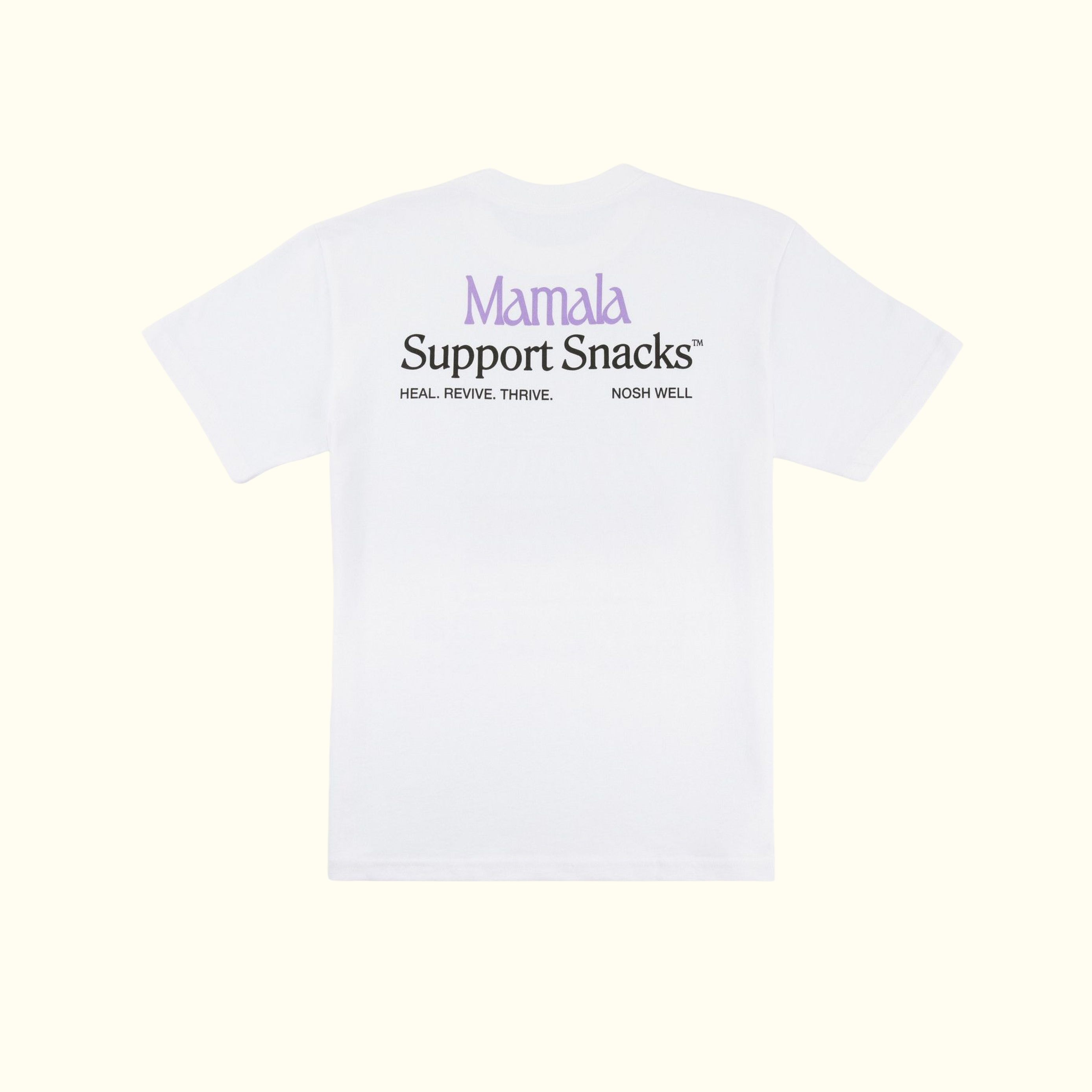 Made in LA, the Mamala Organics Fruit Stand Tee has purple and black Support Snacks text on the back.