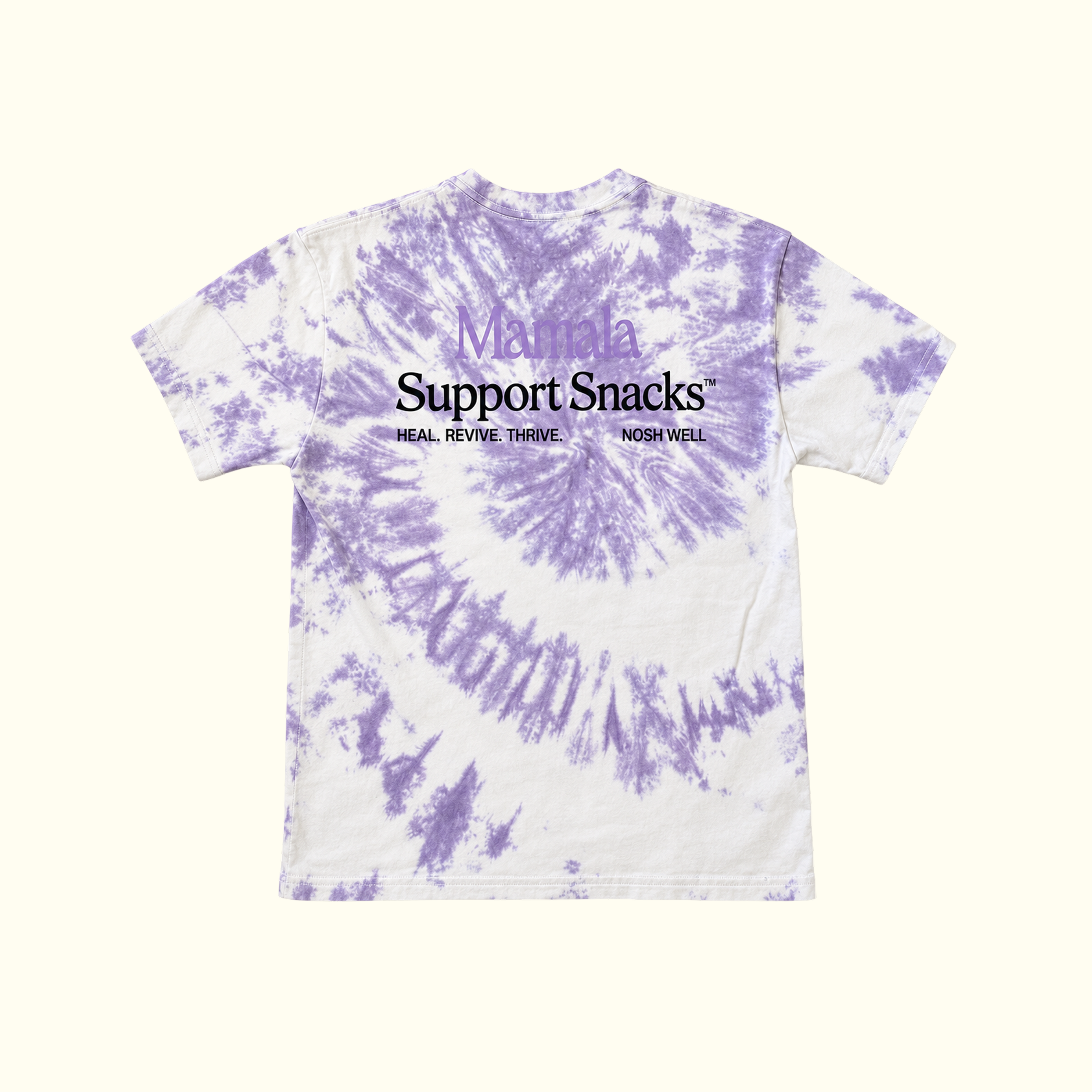 Mamala Organics’ Mamala x La Bananita Tee: purple/white tie-dye, black text, “Support Snacks,” made in LA.