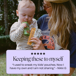 A woman enjoys Mamamellow Support Snack™ by Mamala Organics outdoors, saying the vanilla pouches help her stay calm.