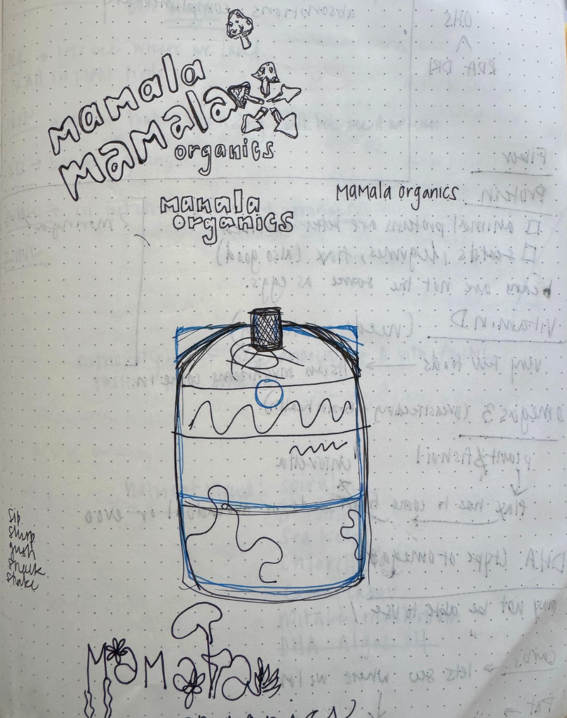 A hand-drawn sketch on lined paper featuring the text 'Mamala Mamala Organics' and 'Mamala Organics' with a simple bottle or container illustration in blue and black marker.