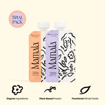 Two Mamala Organics The Support Snack™ Six pouches with floral designs, organic energy, plant calm & whole food icons.
